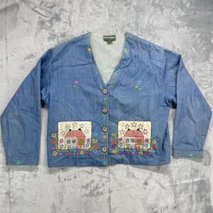 VTG Papy Boez Women Denim Jacket Size M/L Embroidered Patches Cottagecore Boho